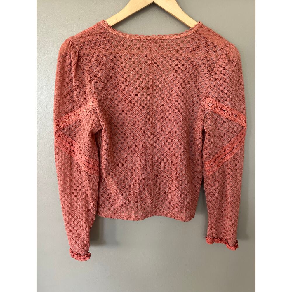 Free People Kika Top CoralPink LaceyVNeck ButtonFront Blouse Boho indie festival - Picture 9 of 16